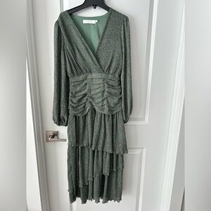 Astr Metallic Sage Green Long Sleeve Tiered Wrap Dress